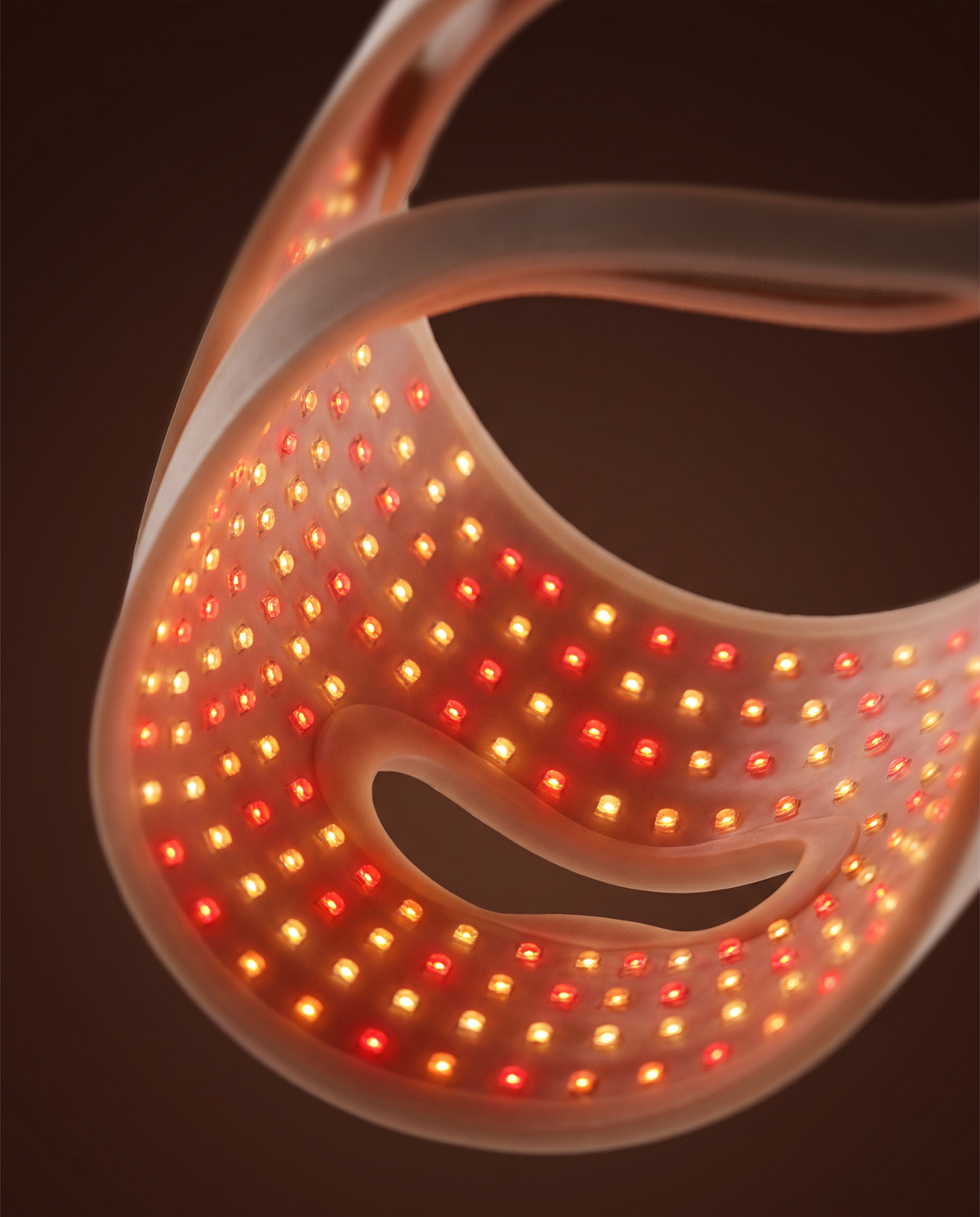 Close-up of the LED array inside the Clinaray mask glowing red