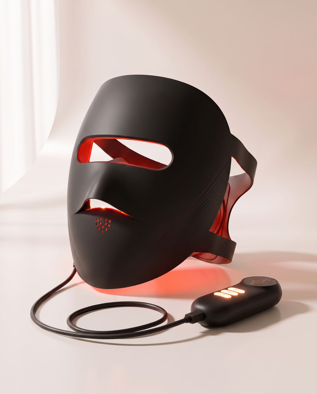 Clinaray LED light therapy mask in Black with red light on, standing on a porcelain surface