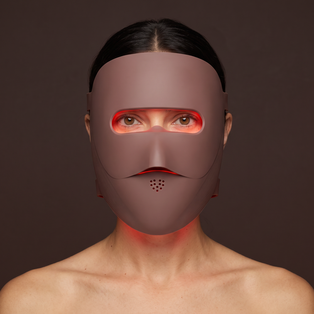 Close-up of the Clinaray LED mask in Brown worn with red mode on, the red light showing only through the open eye window. Close your eyes or use shields if the light bothers you.