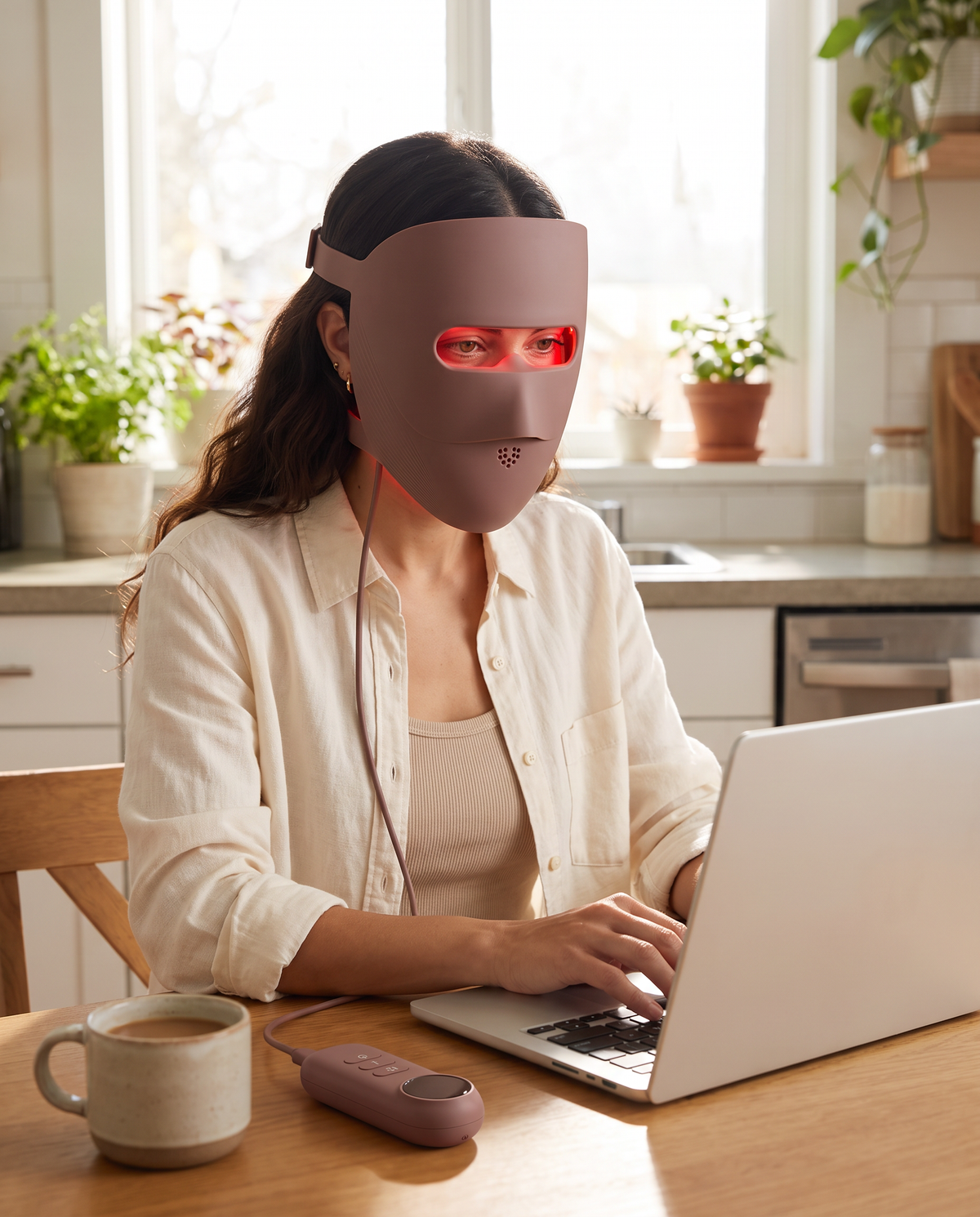 Clinaray LED mask in Brown worn while working at a laptop, red mode on, eyes open through the eye window. Close your eyes or use shields if the light bothers you.