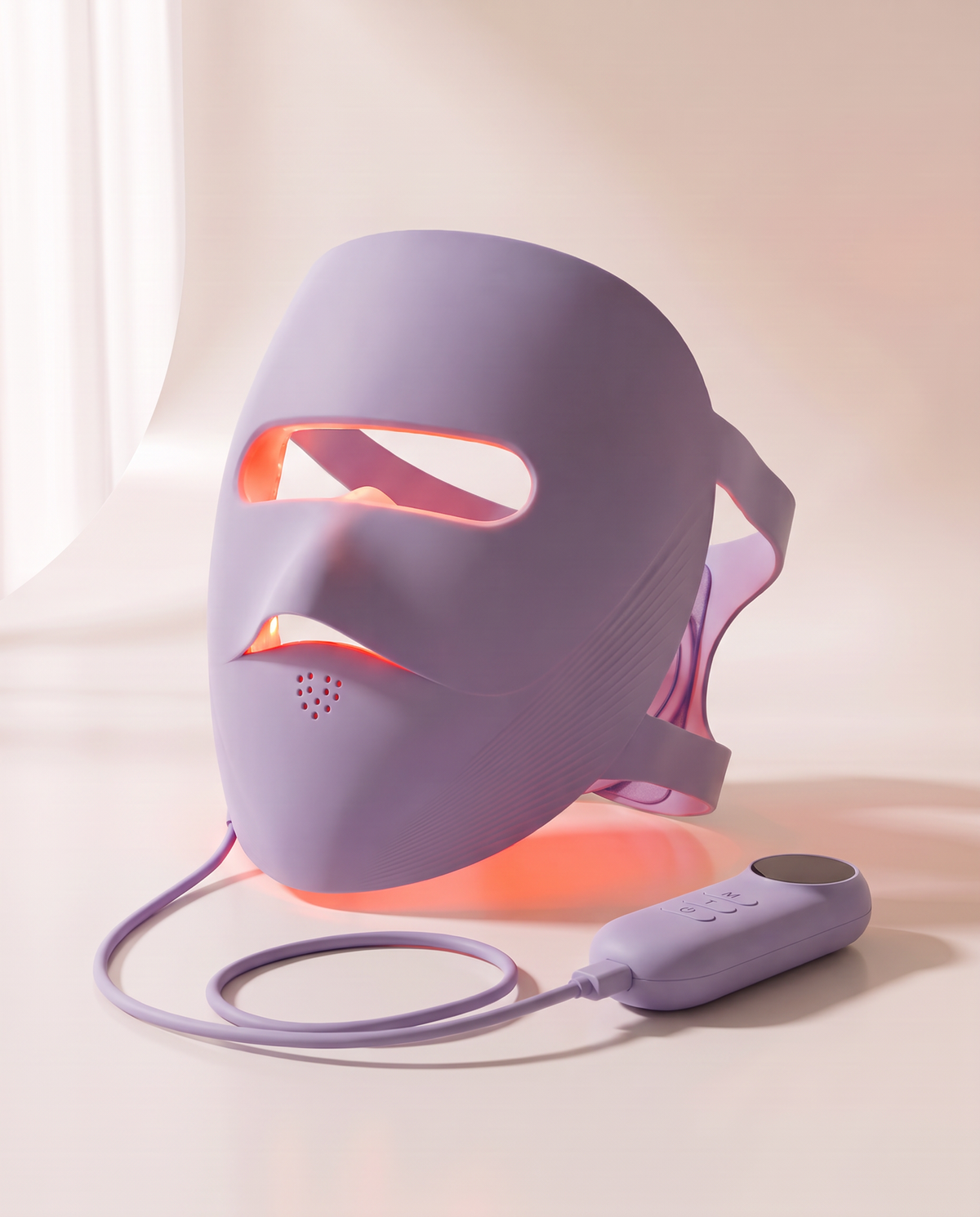 Clinaray LED light therapy mask in Purple with red light on, standing on a porcelain surface